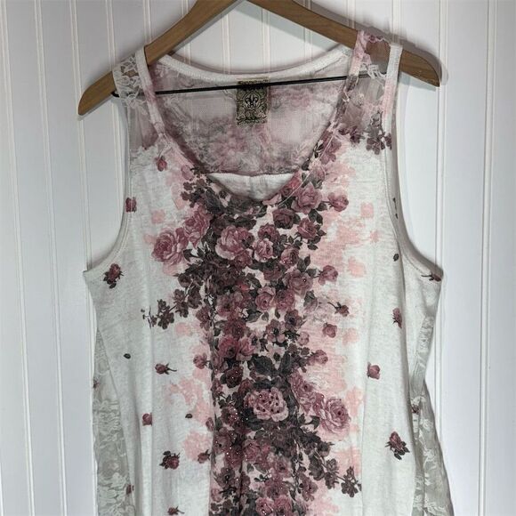 Vocal USA Floral Lace Back Tank Top Large Pink Roses Sparkle Boho Western - Picture 2 of 8